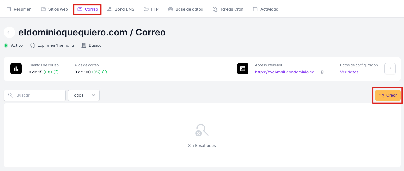 Panel cuentas de correo