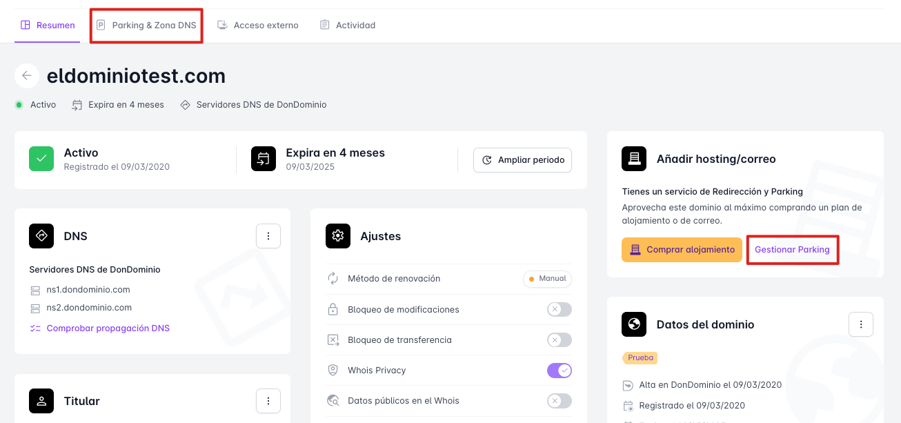 Panel de Redirección y Parking