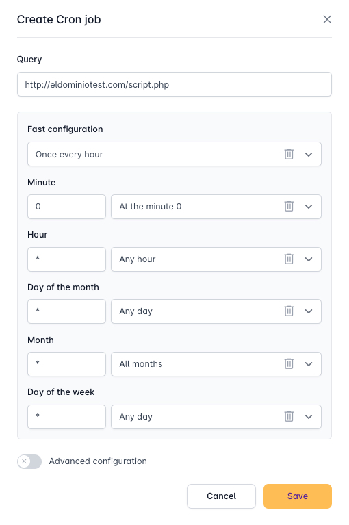 Cron Task Creation Panel in DonDominio